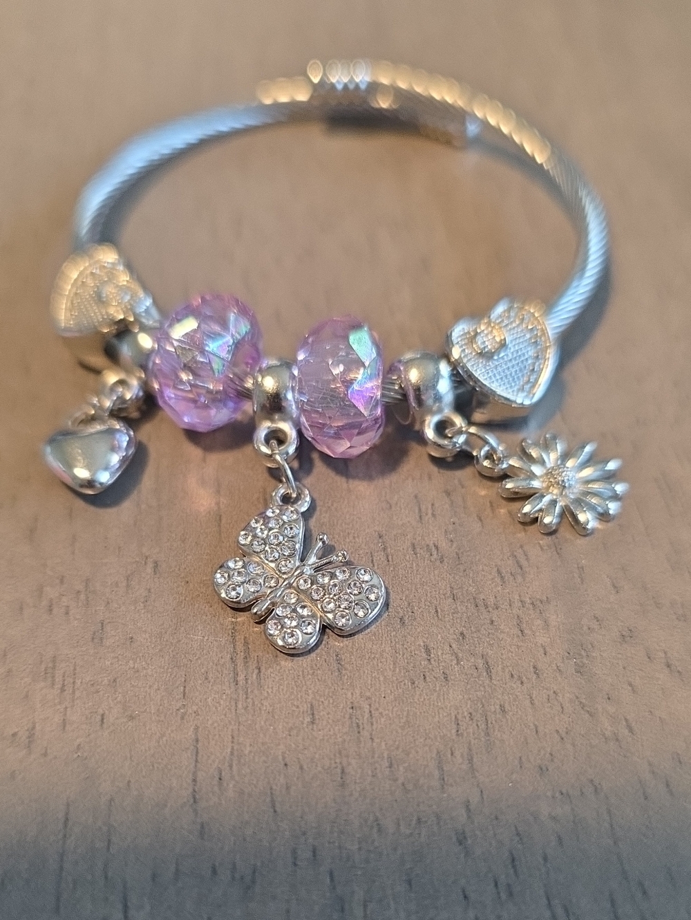 Silver Bracelet with Pink Crystal Beads and Butterfly Charm
